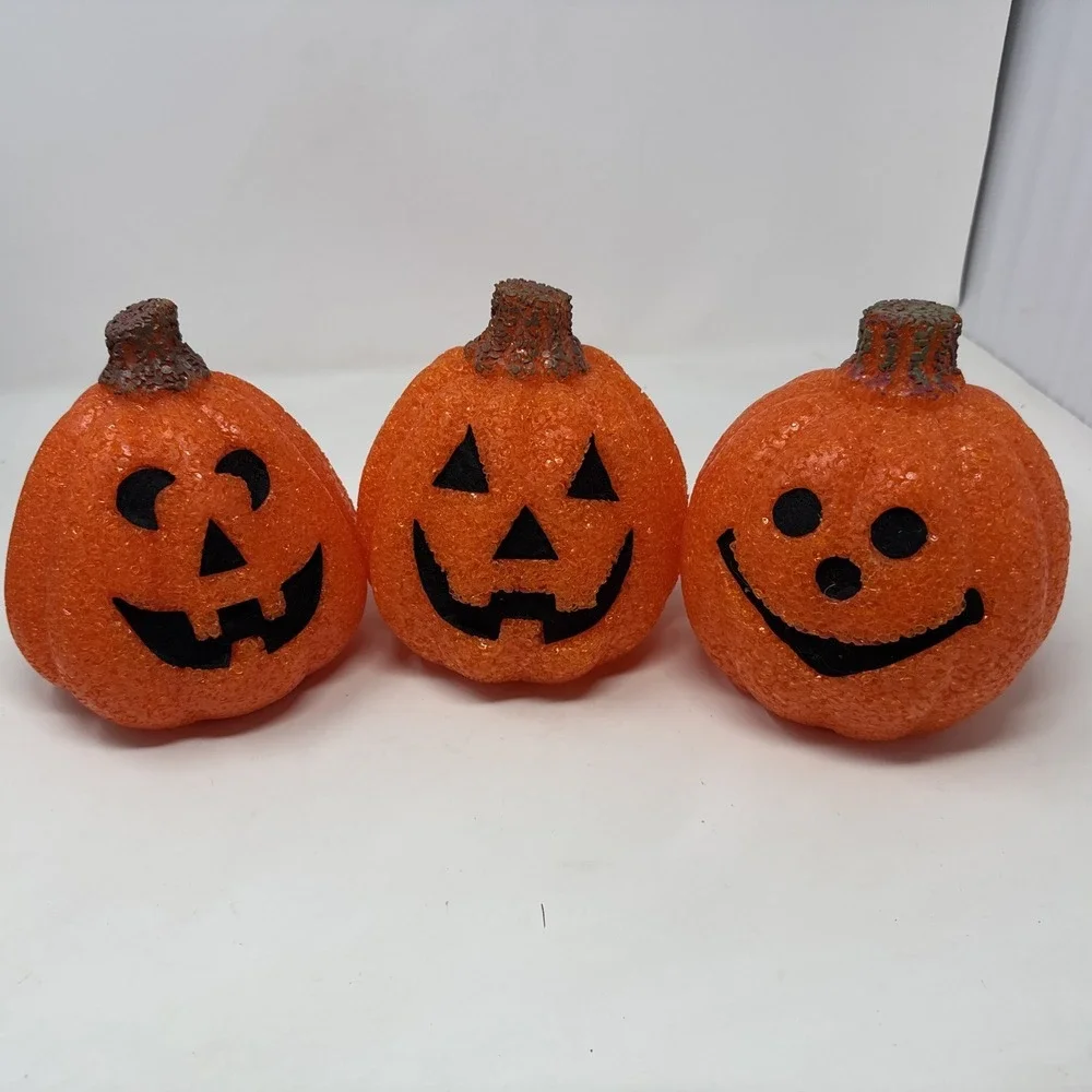 Lot Of 3 VTG‎ Halloween Melted Plastic Popcorn Light Up Jack O Lanterns Seasons